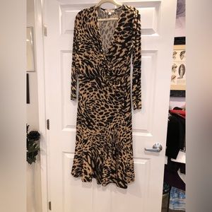 Michael Kors dress leopard print. Vee neck ruched waist. Long sleeve